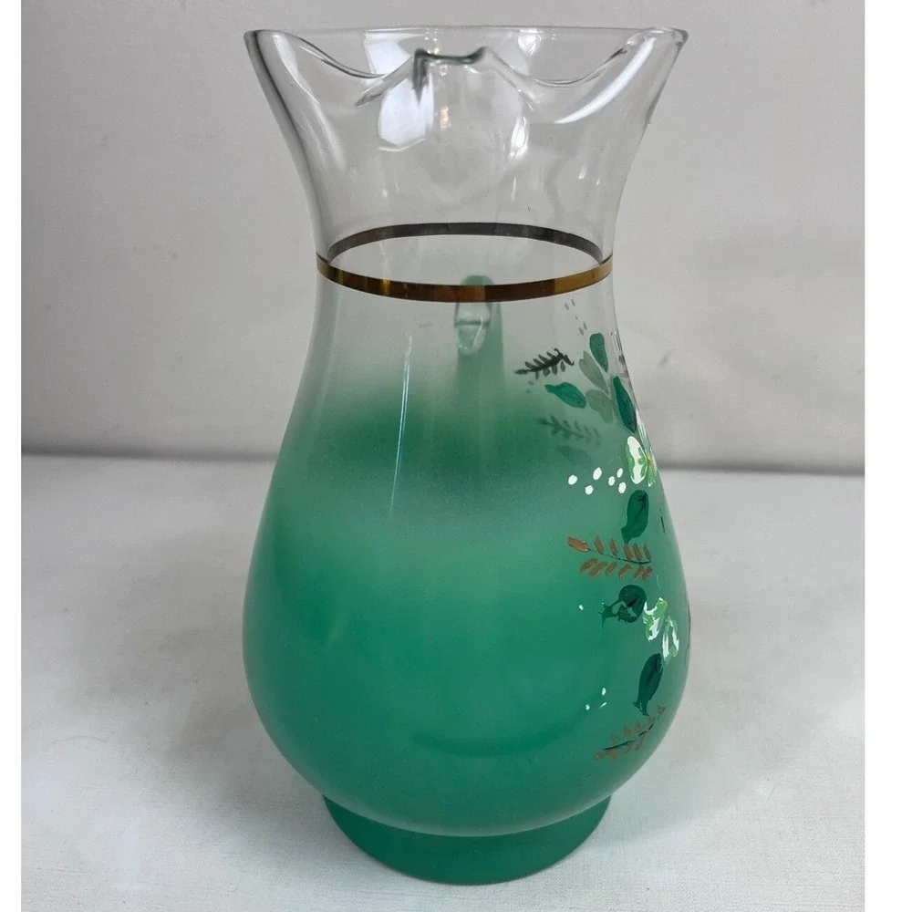 Vintage Floral Pitcher Green Ombre Glass Gold Trim Blendo?‎ West Virginia?